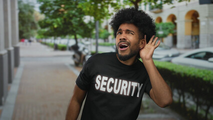 Naklejka premium Man in security uniform on a city street looking puzzled while listening attentively to the surroundings, highlighting his engagement and focus on an outdoor task.