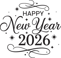 Elegant happy new year 2026 text design silhouette isolated on white background