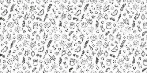 Detailed monochrome pattern featuring various fruits plants and decorative elements
