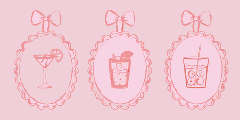 Pink illustration of three ornate frames displaying different cocktails