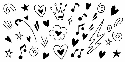 A whimsical collection of hand drawn doodles hearts stars music notes and more