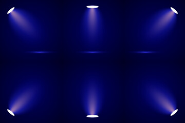 Six spotlights illuminating a dark blue background with purple light beams, creating a stage lighting effect.