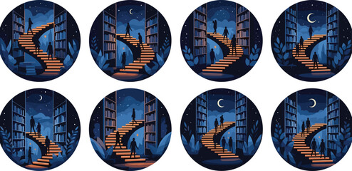 A Digital Painting Concept of People Climbing a Magical, Spiral Staircase to Knowledge in a Vast, Moonlit Library at Night, Symbolic of Learning and Discovery. © Shilpi