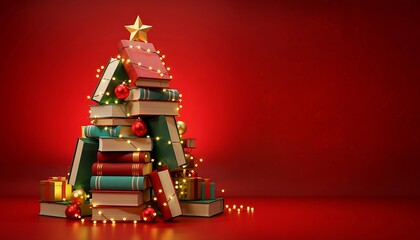 Obraz premium Creative christmas tree constructed from stacked books adorned with festive lights and ornaments on a vibrant red background