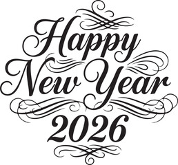 Elegant happy new year 2026 text design silhouette isolated on white background