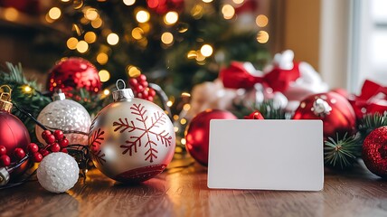 Festive christmas tree ornaments and bokeh lights with a blank white card for custom text and messages