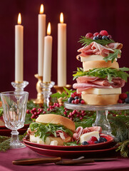 Gourmet Christmas sandwich tower with prosciutto, cheese and berries. Vertical photo of festive holiday table setting with candles and pine decoration