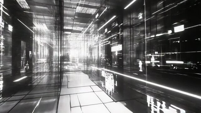 Digital data flowing inside abstract server room architecture
