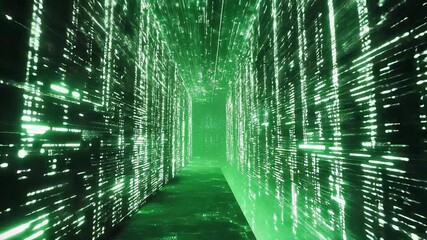 Virtual data tunnel with glowing green code - Powered by Adobe