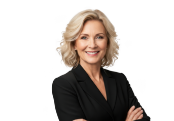 Professional caucasian woman with blonde wavy hair wearing a black blazer smiling confidently isolated on transparent background