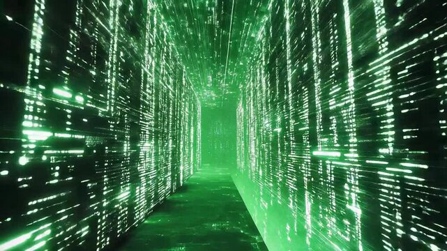 Virtual data tunnel with glowing green code