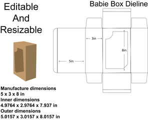 Baby Box Dieline With Window And Dimensions Editable Text window box packaging design