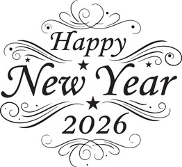 Elegant happy new year 2026 text design silhouette isolated on white background