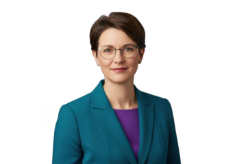Professional woman wearing teal blazer and purple shirt with glasses smiling confidently isolated on transparent background