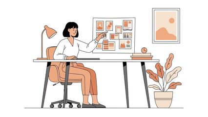 Woman working at a desk pointing at a vision board in her office workspace scene