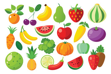 Bright assortment features twenty fresh cartoon fruit and vegetable icons against a white background