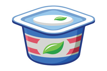 Cartoon yogurt cup has a green leaf on it and a blue outline