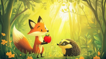 Charming cartoon fox offers red apple to friendly badger in sunlit forest clearing.
