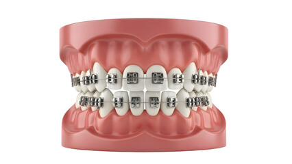 3D Render of Human Jaw Model with Metal Dental Braces on White Background