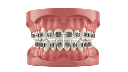 3D Render of Human Jaw Model with Metal Dental Braces on White Background