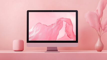 Computer display with abstract pink artwork on a minimalist surface.