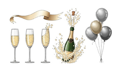 Luxury Celebration Icon Set: Champagne Bottle, Glasses, Banner, and Balloons Illustration © Shahnaz