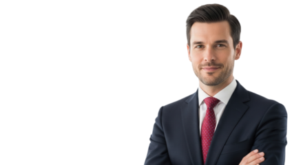 Portrait of a smiling businessman in a dark suit against transparent background
