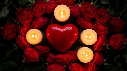 Romantic arrangement of red roses with glowing candles and a heart shaped decoration
