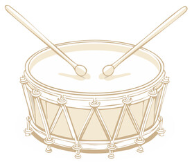 Vintage snare drum with crossed drumsticks isolated vector illustration