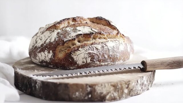 Video Freshly baked loaf of bread sitting on a wooden cutting board, perfect for a kitchen or dining scene