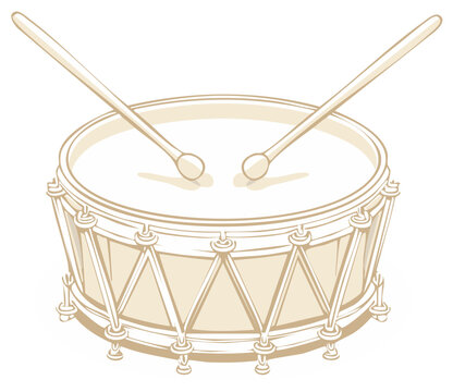 Vintage snare drum with crossed drumsticks isolated vector illustration