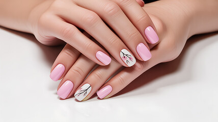 Naklejka premium Beautiful pink manicure featuring delicate cherry blossom art on accent nails for a fresh look