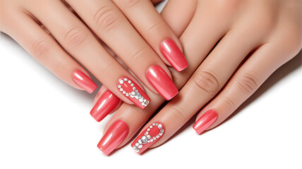 Elegant long pink nails with beautiful rhinestone awareness ribbon design against a white background