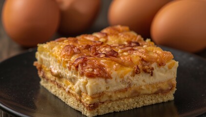 Baked Delight. A Square Piece of Confectionary Art with GoldenBrown Crust Eggs Nearby.