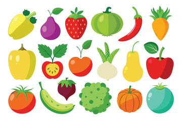 Cartoon fruits and vegetables are colorful and playful as they sit against a plain backdrop