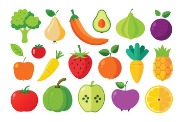 An array of diverse cartoon fruits and vegetables presents a colorful, healthy theme