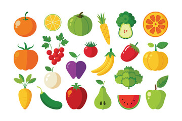 Colorful assortment of fresh cartoon fruits and vegetables are seen against a white background