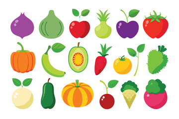 Colorful cartoon fruits and vegetables are arranged in a cheerful, inviting collection on white