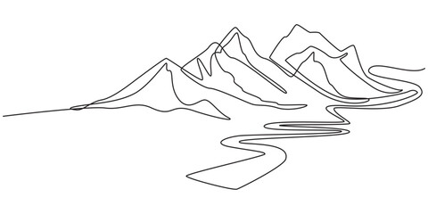 One continuous line drawing of mountain range landscape, Mountains linear background. Hand drawn mountain landscape. Vector illustration, Mountain Landscape Web Banner with Continuous Line Icon, pro.