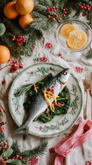 Christmas seafood dinner with whole sea bass on vintage plate. Festive holiday table setting with oranges and pine. Vertical flat lay of traditional food