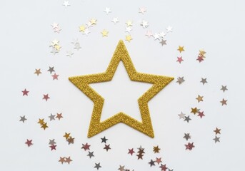 A large golden glitter star surrounded by smaller scattered glitter stars on a plain white background, symbolizing success and celebration