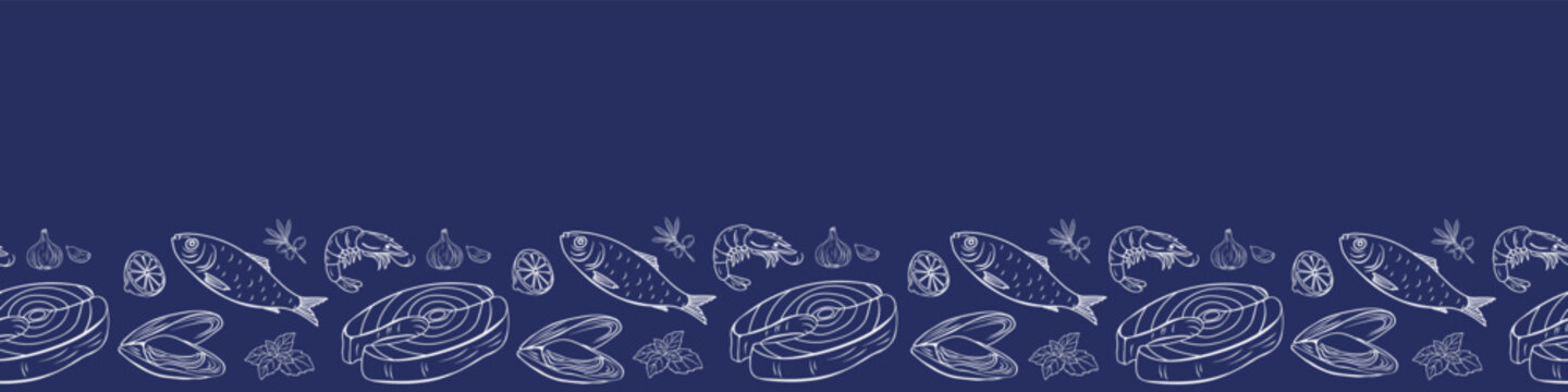 Mediterranean seafood seamless border frame with fish, sardines, shrimp, lemon, mussel, olive and herb elements in elegant nautical line art. Perfect for menu design, packaging, culinary projects.