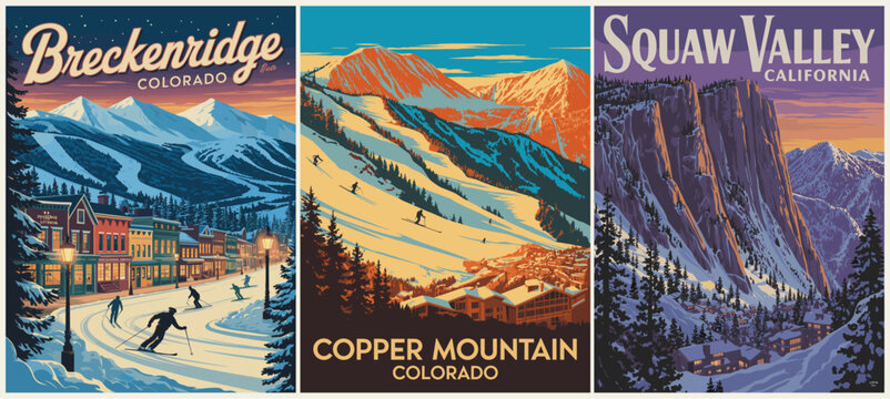 Retro mid-century triptych showcasing Breckenridge, Copper Mountain, and Squaw Valley with stylized winter landscapes, skiers, and bold geometric design