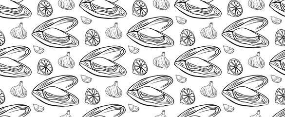 Fototapeta premium Seamless Hand drawn mussel and lemon pattern also designed for eco-friendly kraft packaging. Black-white Drawing ink. Mediterranean seafood motif fornatural food products, modern culinary design.