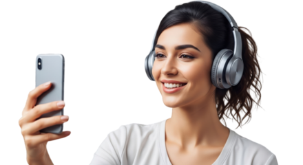 Woman smiling while holding smartphone and wearing silver headphones transparent background