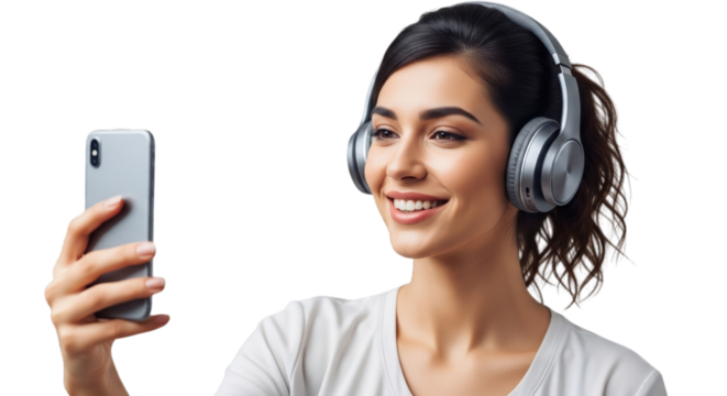 Woman smiling while holding smartphone and wearing silver headphones transparent background - Powered by Adobe