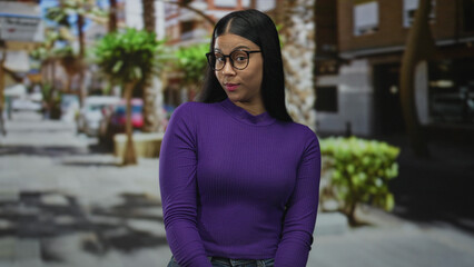 Fototapeta premium Young latin woman in purple top with glasses makes call sign gesture with hand and winks on sunlit city street; joy.
