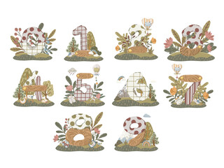 Cute boho alphabet and numbers set with wood texture. Hand drawn vector scandi letters, flowers and baby elements for nursery decor, educational posters, or shower invitations.