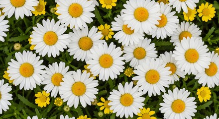A field of white daisies and small yellow flowers in full bloom viewed from above near reference 856653.
