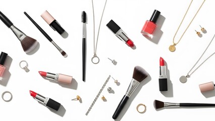 Beauty and Adornment: Scattered Makeup and Jewelry Essentials